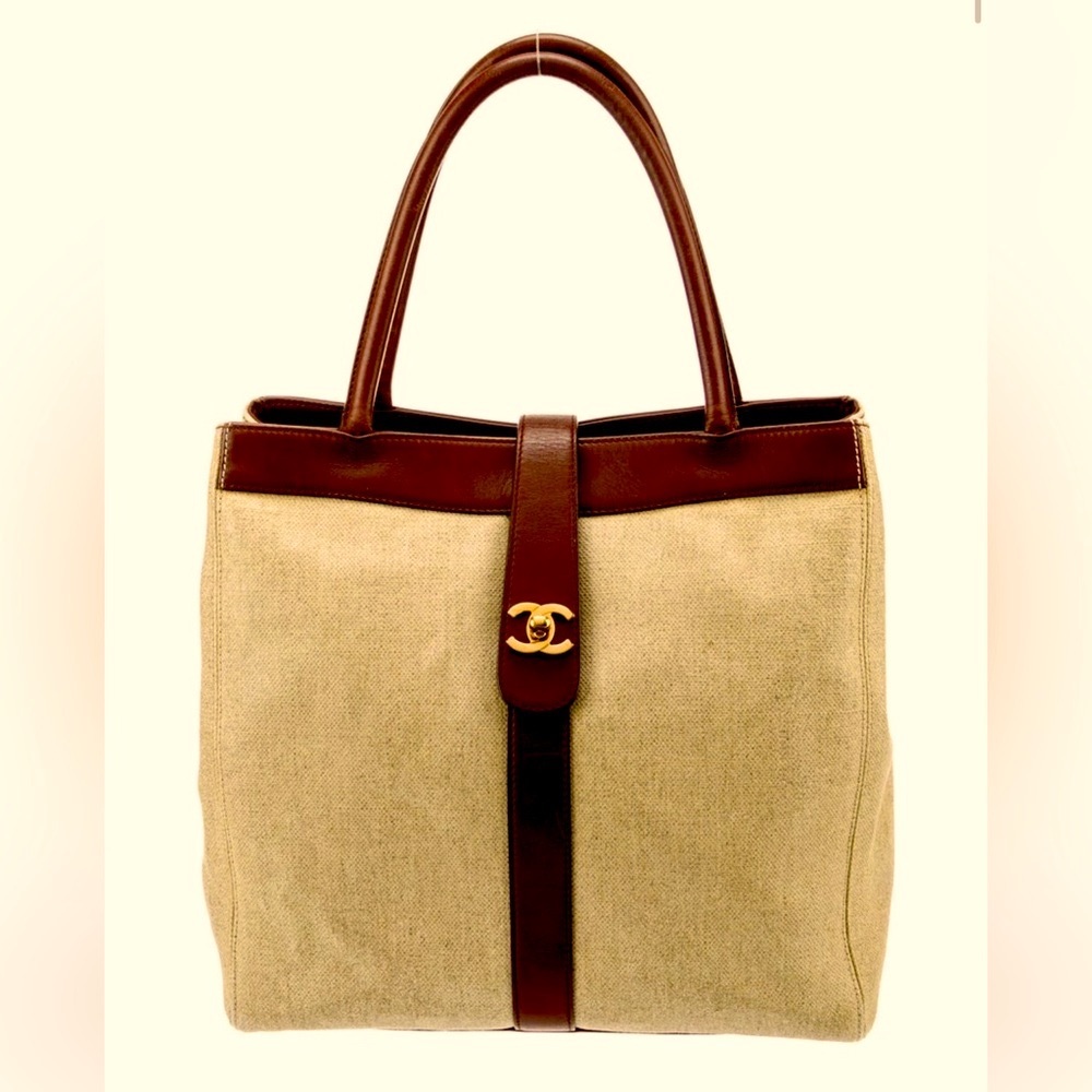 Chanel flap CC turnlock brown leather and canvas beige tote bag handbag